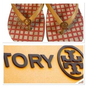 Tory Burch Retro 70's Orange-Red Mod Flip Flops Sz 7 Thong Logo